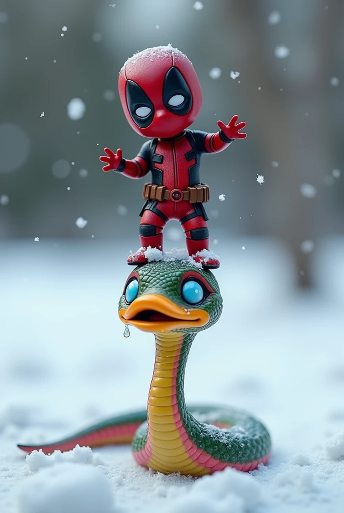 Put baby Deadpool in the snow dancing on top of a gay snake, put a rubber duck hat on the snake's head, put the snake crying and scared