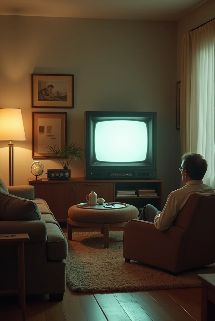 A 1960s living room with a black-and-white TV and rotary phone.*