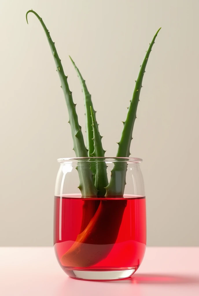 Aloe leaf placed in a jar with red water