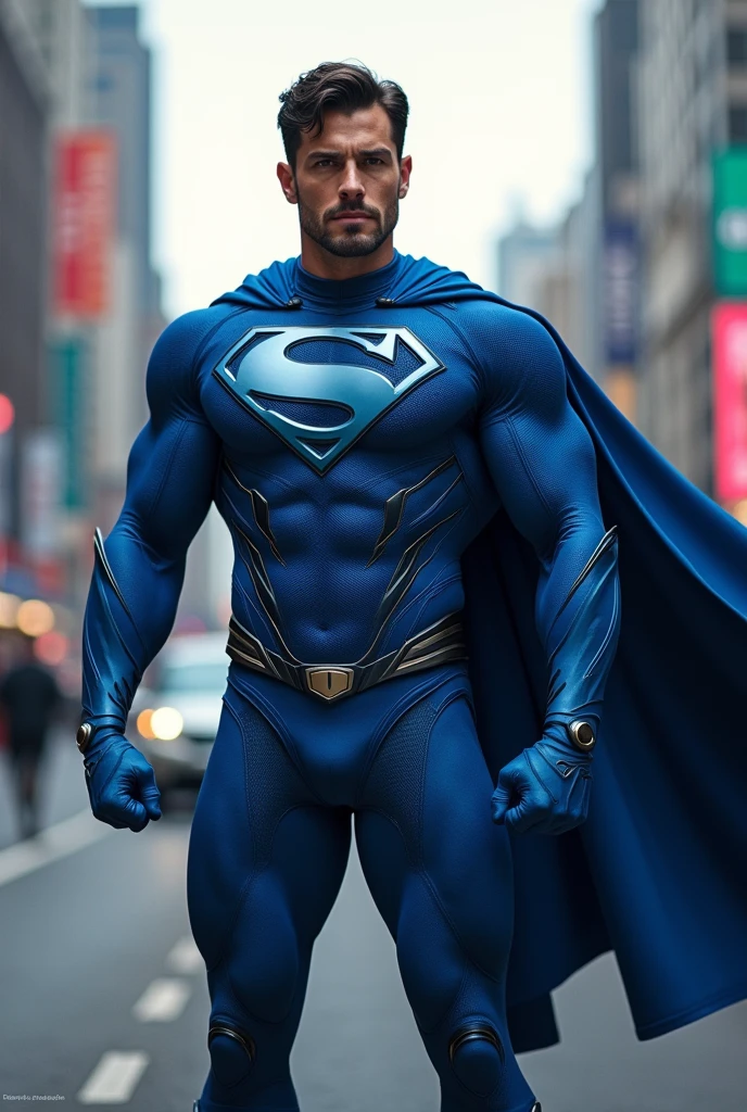 Create a superhero with a blue suit and an f in the