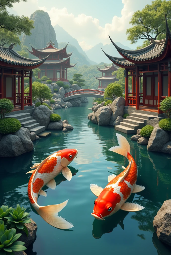 koi fish, realistic, land scape, china ancient, china architecture, balance
