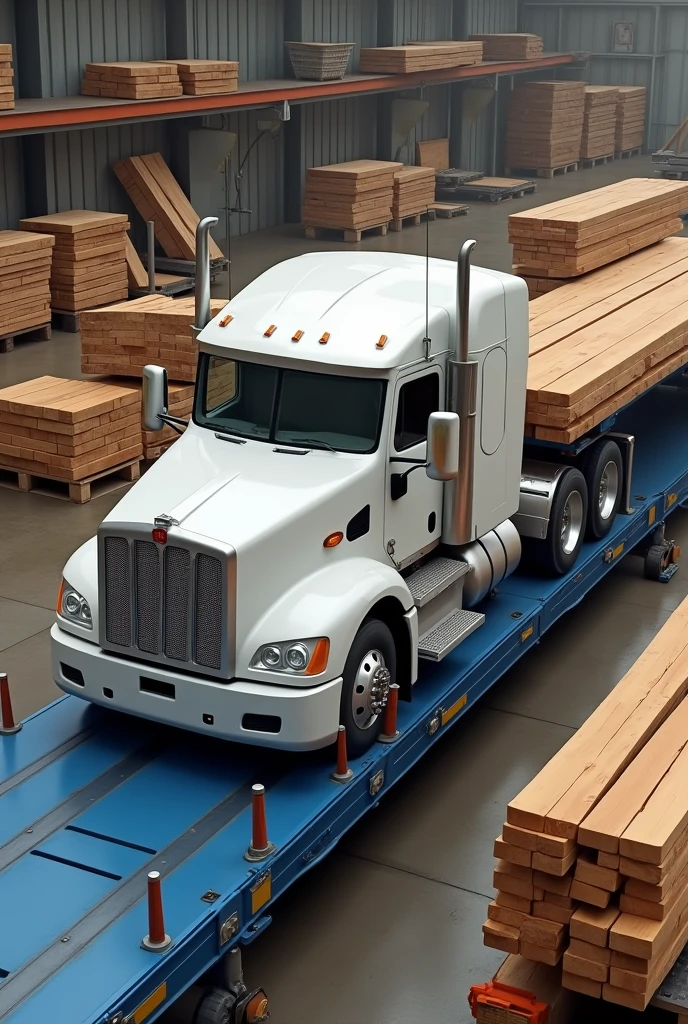 image of a real white truck with a long blue platform with small wooden uprights and with some wood being loaded with a background in a wood factory