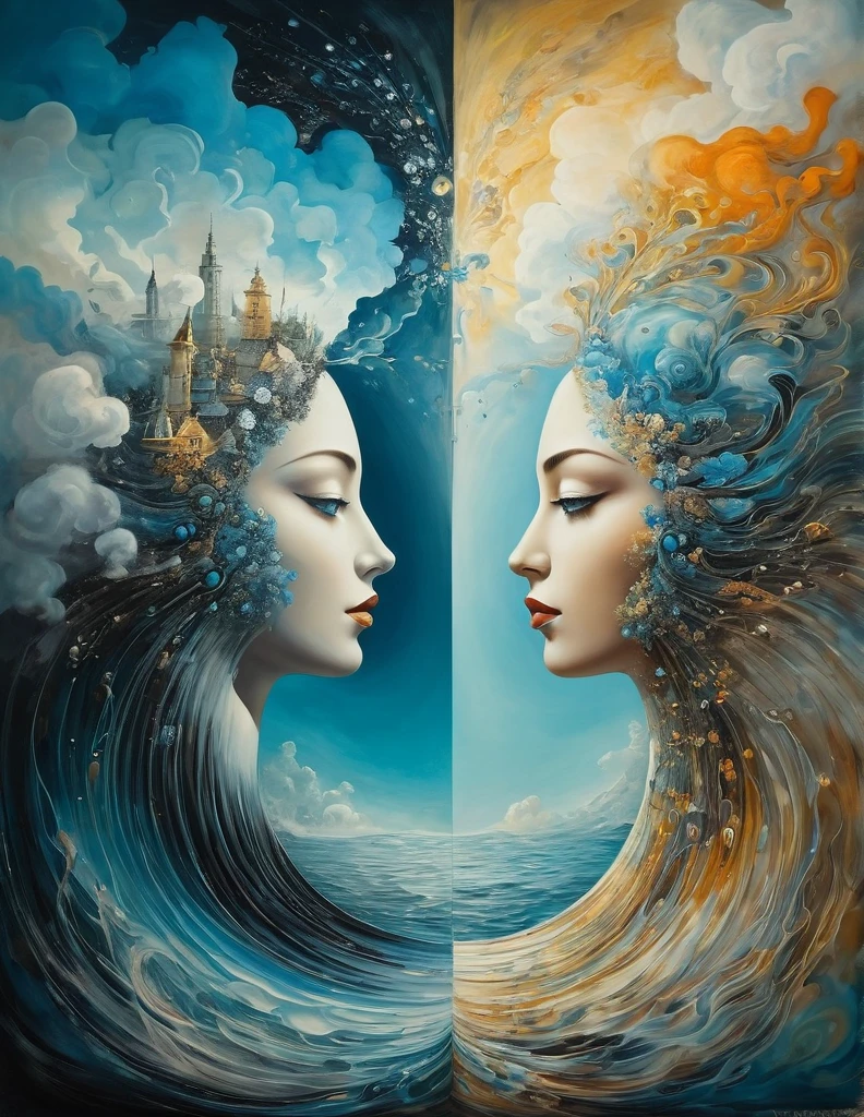 Dualism. An elegant abstraction in a surreal manner, depiction of antipodes and duality in everything, what is drawn in the picture. A masterpiece of painting