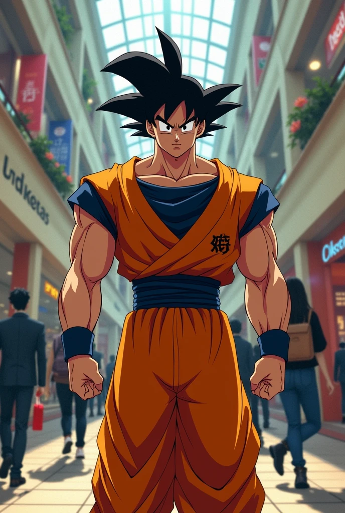 goku black hair and orange suit in a mall surpriced