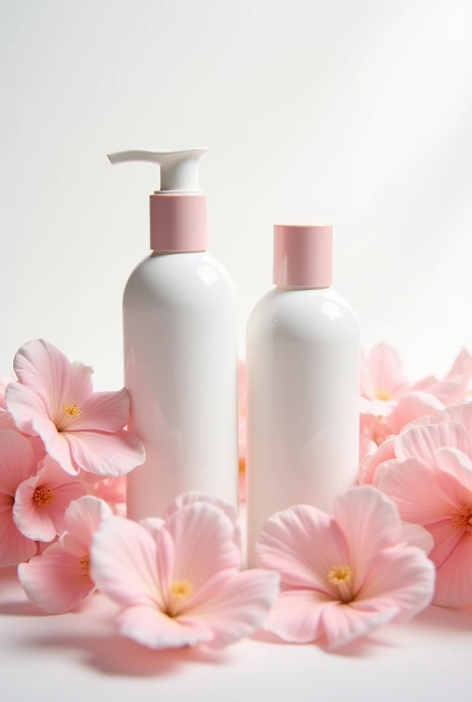 pink flowers clear background, two cleanser bottles