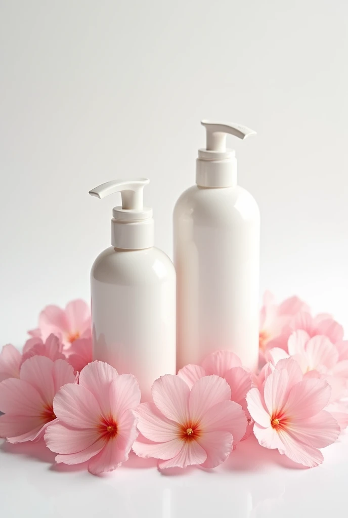 pink flowers clear background, two cleanser bottles