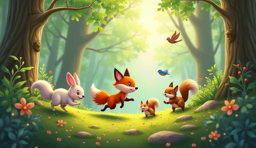 Little fox running and jumping playing with bunny and squirrel and bird in the forest