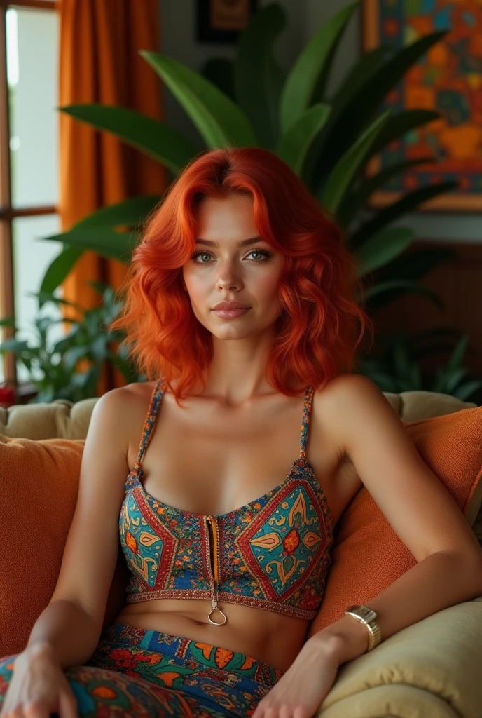 A red-haired Brazilian woman on the couch at her home