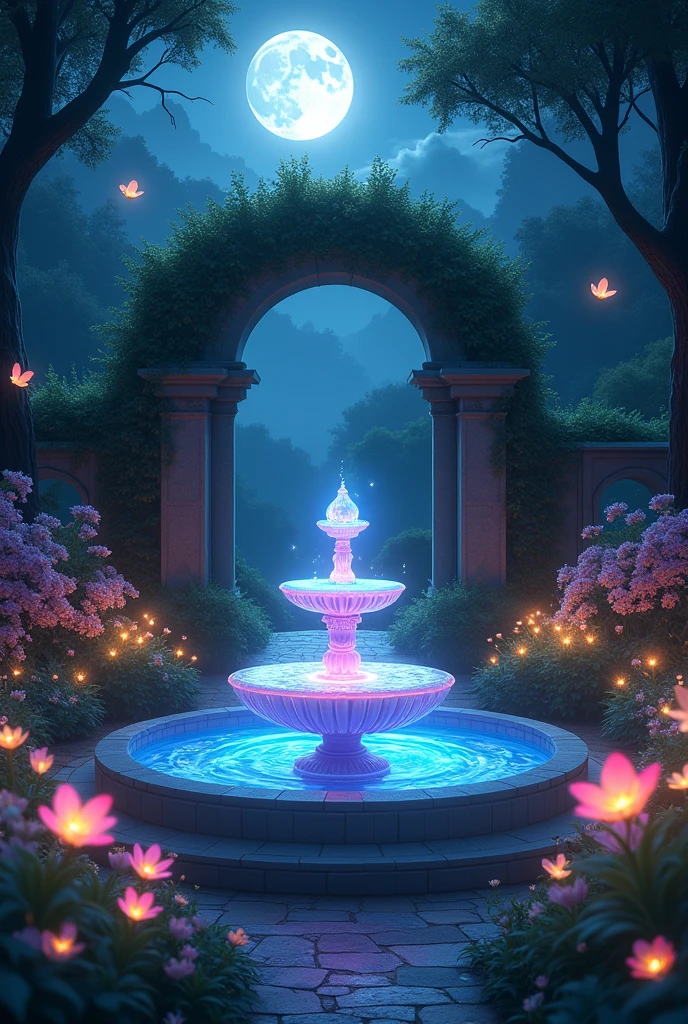 With the full moon shining in the night sky、Beautiful moonlit garden scene。In the centre of the garden、There is a crystal fountain、It reflects the moonlight and emits rainbow-colored light.。In the surrounding area、Glowing Flower々is in full bloom、Butterflies fluttering slowly in the air。In the depths of the garden、There is an ancient gate covered with ivy.、Beyond the gate, an even more fantastical world seems to unfold.。The whole thing is enveloped in a pale light、Although quiet、A space that exudes a mysterious charm。