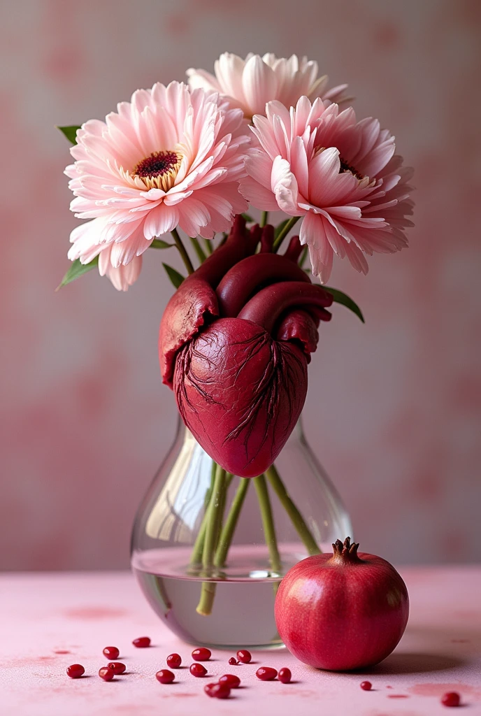 blending a delicate and feminine aesthetic of a crystal vase of flowers with an anatomically correct human heart with realistic gravity and a pomegranate the image should have colors in a pink and somber palette inspired by eroguro images there should be blood