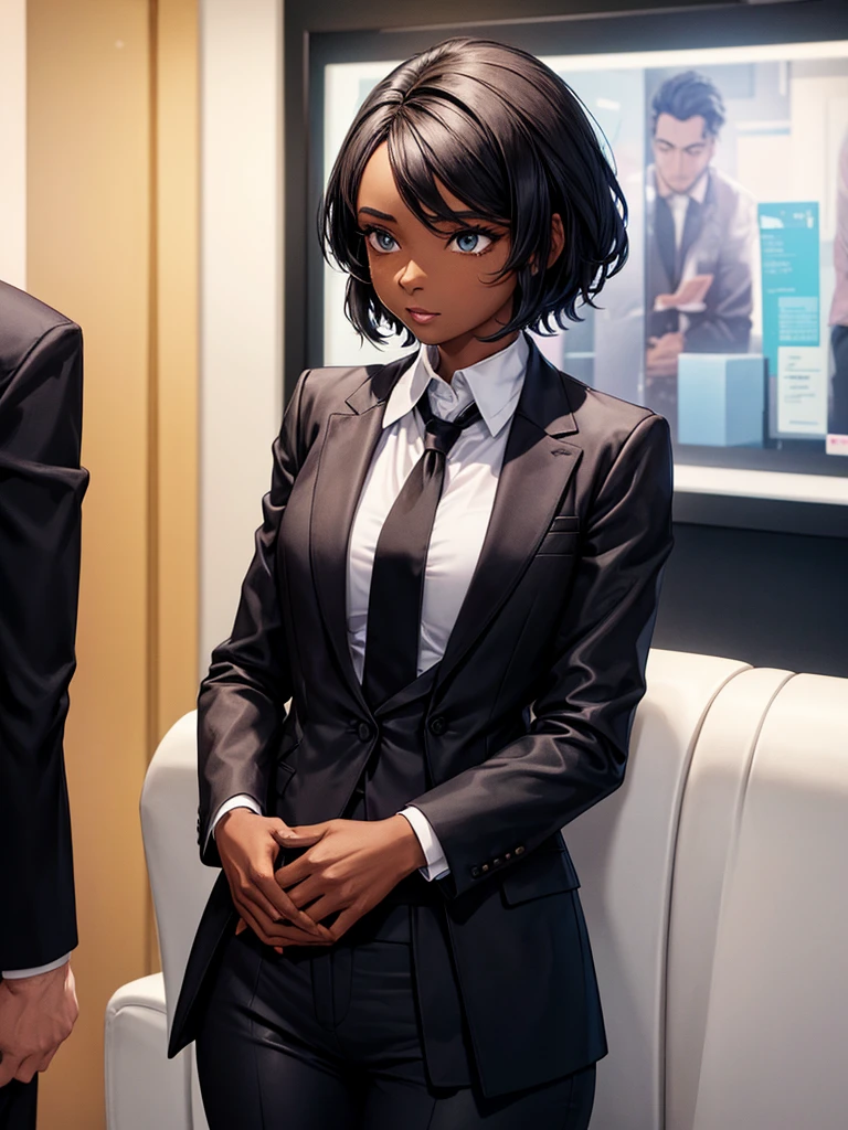 Black woman wearing a black suit and black pants talking to a man in a lounge with her hands in her pockets 
