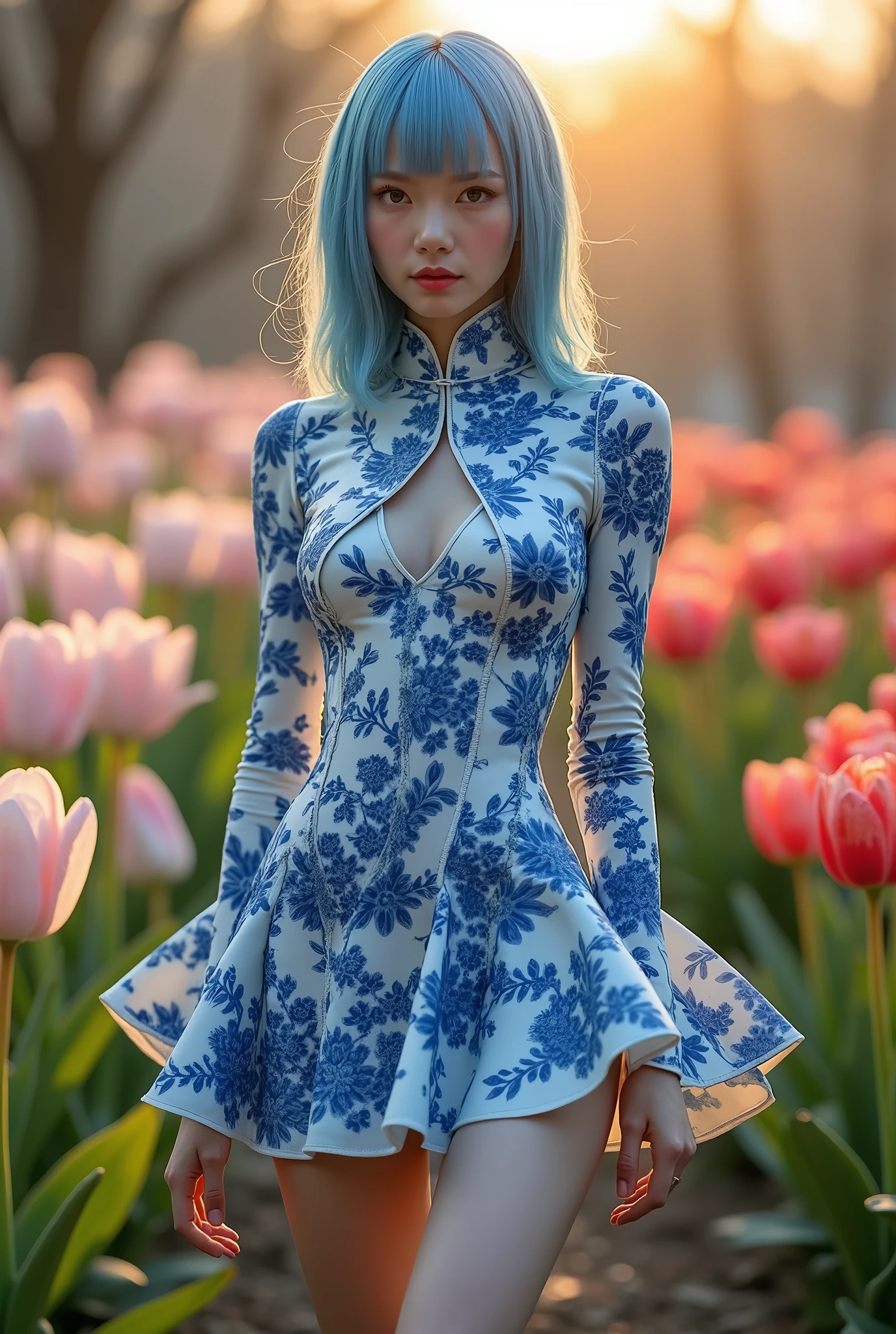 A detailed image of a young professional fashion model with hair mimicking the texture of hard, shiny blue and white porcelain Qinghua, showcasing her full body and long legs in a short dress made from the same hard, shiny blue and white porcelain Qinghua material, inspired by Thierry Mugler, Manish Arora, and John Galliano. Posing elegantly at a garden show amidst vibrant, fully bloomed spring flowers, the photograph is captured during golden hour with a high-end mirrorless camera and a telephoto lens. Cinematic lighting highlights the model's captivating presence and unique ensemble. --ar 3:4 --q 2 --s 750 --v 5