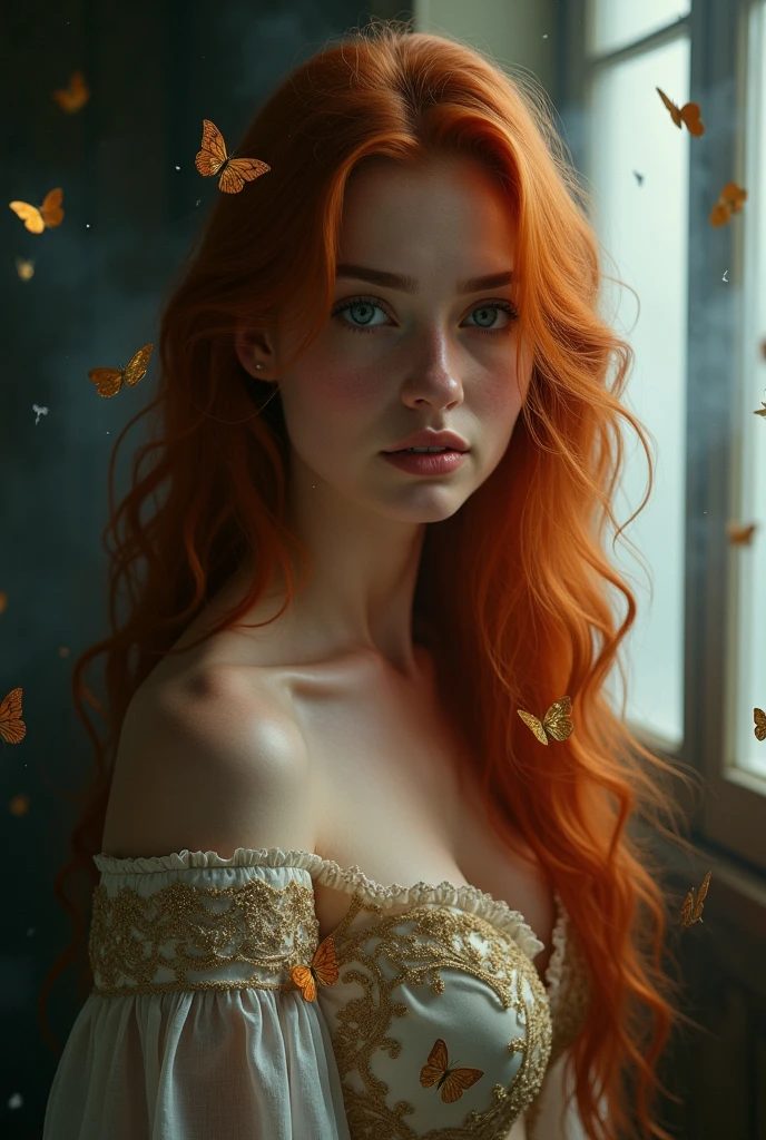 (solo, full body photo:1.3), (action packed:1.3), (haze, fog, mist:1.3), chiaroscuro, best quality, photorealistic, 1woman, (cute), (24yo:1.2), redhead, long ginger hair highly detailed, 1700'S, digital photography, art by artgerm and ruan jia and greg rutkowski surreal painting gold butterfly filigree, broken glass, (masterpiece, sidelighting, finely detailed Fashionable eyes: 1.2) (perfect oval large eyes that gazes at the viewer), beautiful detailed face, blue gorgeous perfect eyes, (blonde hair ponytail), (attractive young woman:1.3), (thick amazing hair), (seductive:1.1), (blushing:1.1)