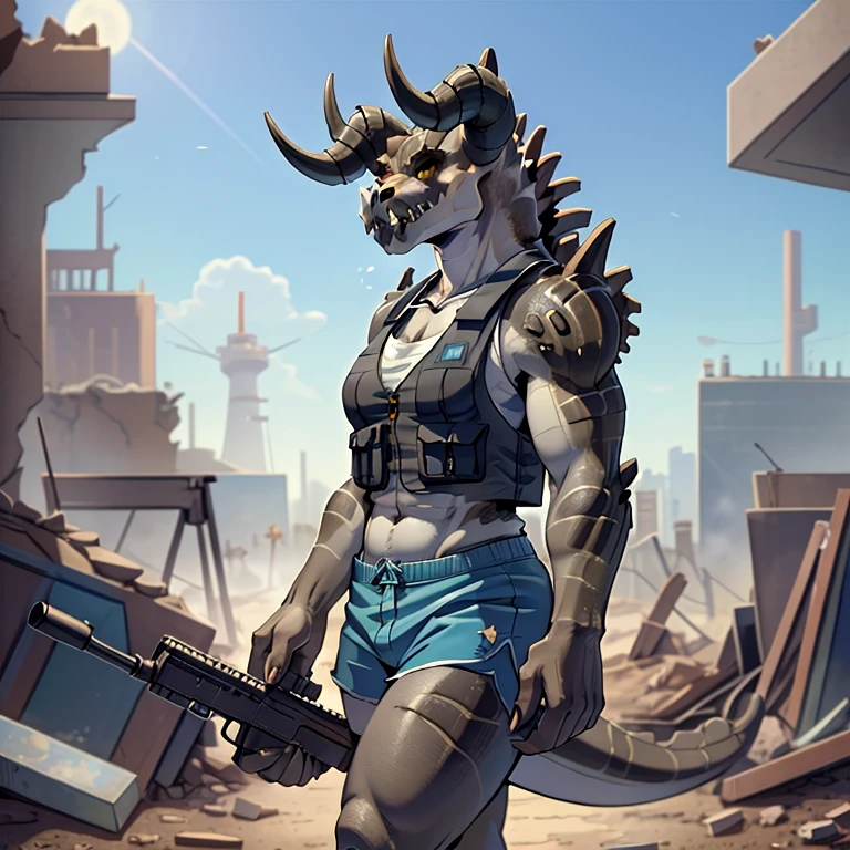 (((Masterpiece))), ((4k)), (best body), Solo, score_9,score_8_up,score_7_up, kemono style, aegis style, Anthro deathclaw from fallout, Anthro reptile girl, snout, green scaled skin, gold eyes, black lips, black horns, black ram horns, athletic body, smiling, (detailed skin), bulletproof vest, holding a rusty gun, blue shorts, walking in a ruined city, looking at viewer, hyper realistic gun, tight cloths, skinny, beautiful face, 