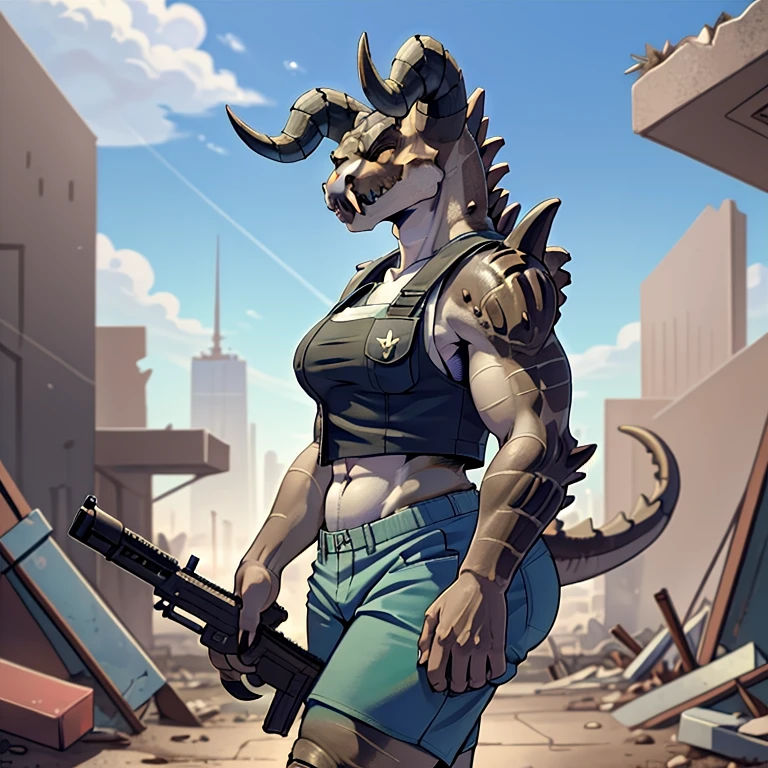 (((Masterpiece))), ((4k)), (best body), Solo, score_9,score_8_up,score_7_up, kemono style, aegis style, Anthro deathclaw from fallout, Anthro reptile girl, snout, green scaled skin, gold eyes, black lips, black horns, black ram horns, athletic body, smiling, (detailed skin), bulletproof vest, holding a rusty gun, blue shorts, walking in a ruined city, looking at viewer, hyper realistic gun, tight cloths, skinny, beautiful face, 