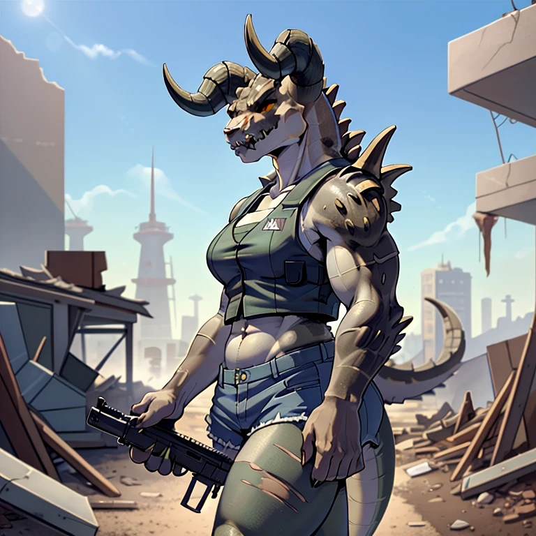 (((Masterpiece))), ((4k)), (best body), Solo, score_9,score_8_up,score_7_up, kemono style, aegis style, Anthro deathclaw from fallout, Anthro reptile girl, snout, green scaled skin, gold eyes, black lips, black horns, black ram horns, athletic body, smiling, (detailed skin), bulletproof vest, holding a rusty gun, blue shorts, walking in a ruined city, looking at viewer, hyper realistic gun, tight cloths, skinny, beautiful face, 