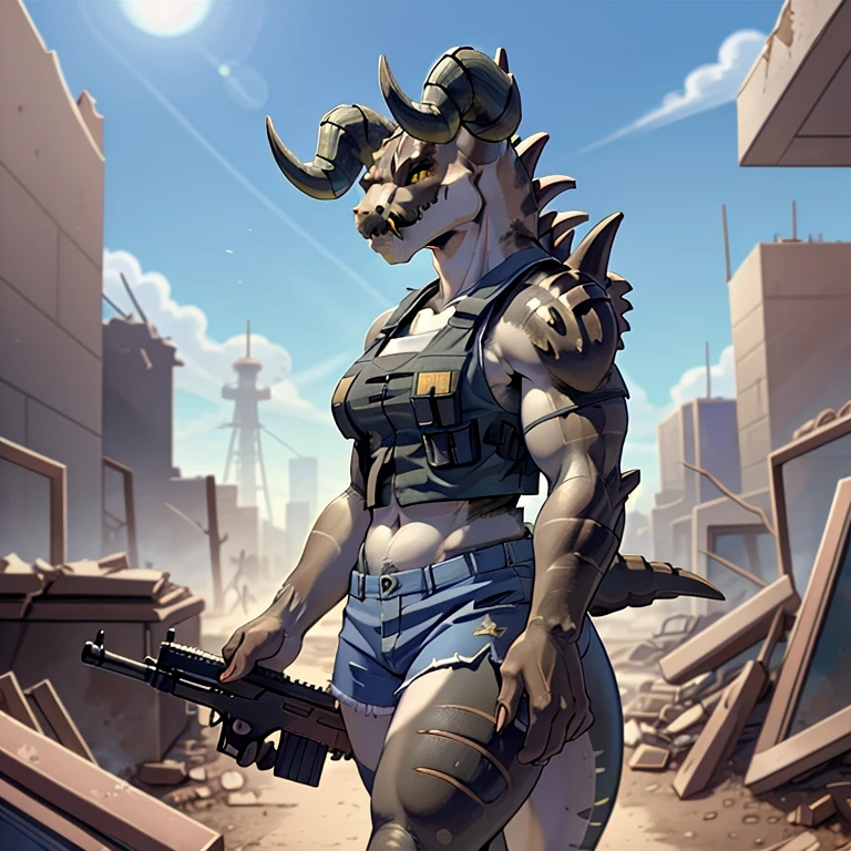 (((Masterpiece))), ((4k)), (best body), Solo, score_9,score_8_up,score_7_up, kemono style, aegis style, Anthro deathclaw from fallout, Anthro reptile girl, snout, green scaled skin, gold eyes, black lips, black horns, black ram horns, athletic body, smiling, (detailed skin), bulletproof vest, holding a rusty gun, blue shorts, walking in a ruined city, looking at viewer, hyper realistic gun, tight cloths, skinny, beautiful face, 