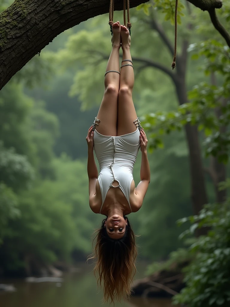 The image shows a woman in a white bodysuit with straps and a rope harness hanging from a tree. She is hanging upside down from the rope.