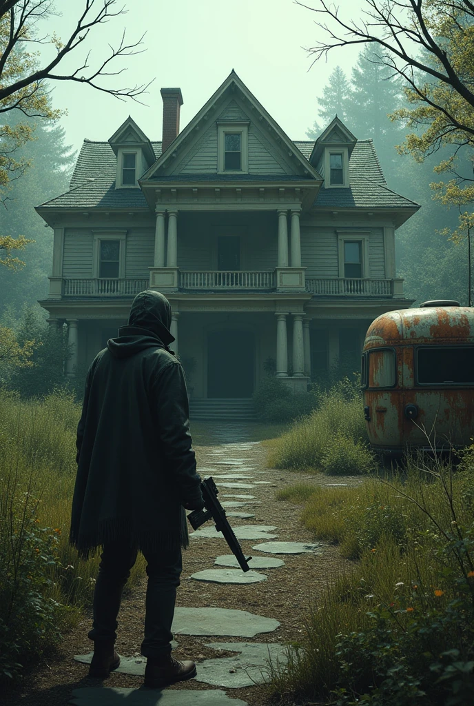 Outside an abandoned mansion, first person perspective with only one arm holding a gun, old garden, trailer inside with a radio on