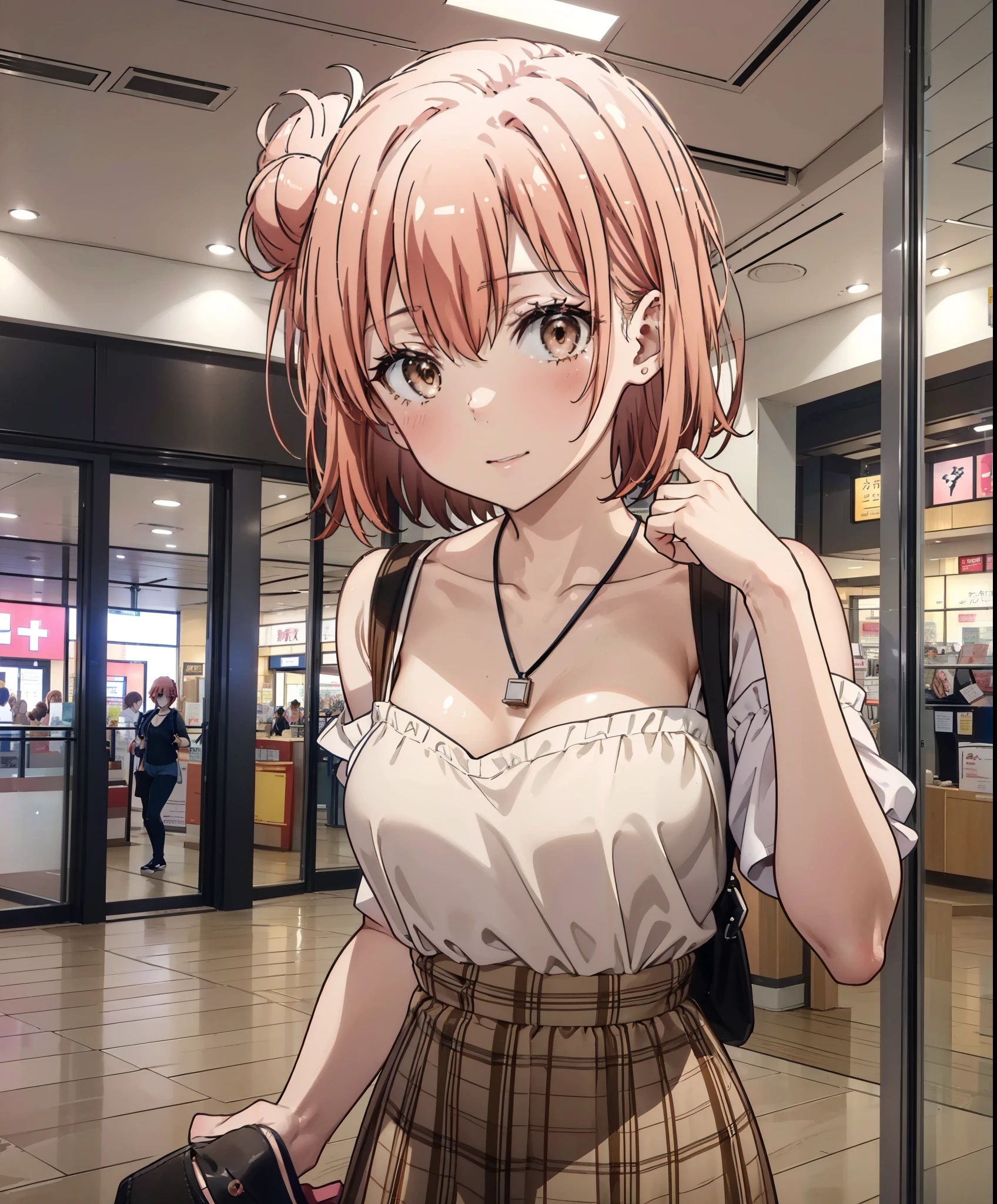 yuiyuigahama, yui yuigahama, short hair, (Brown eyes:1.5), (Pink Hair:1.2), Hair Bun, single Hair Bun,Big Breasts,smile,blush,Open your mouth,Off-the-shoulder dress,Exposing shoulders,bare clavicle,Bare neck,Rocket Pendant,mini skirt,Cute heeled sandals,Daytime,sunny,walk,whole bodyがイラストに入るように,
break indoors,Shopping mall,
break looking at viewer, whole body,
break (masterpiece:1.2), Highest quality, High resolution, unity 8k wallpaper, (shape:0.8), (Beautiful attention to detail:1.6), Highly detailed face, Perfect lighting, Extremely detailed CG, (Perfect hands, Perfect Anatomy),