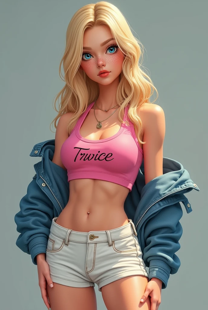 A white woman, blonde, Bullish, blue eyes and a little big, with a few freckles on her face, with a little biceps, long hair without bangs, She is wearing a pink crop top with the word TWICE on it, She is also wearing white shorts and a denim jacket. PICTURE REALISTIC.