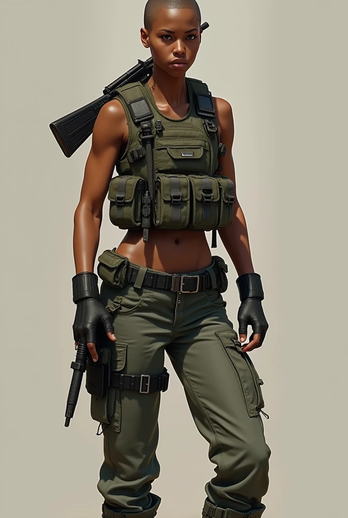 Visual Description: Eli is tall and imposing, with broad shoulders and a strong, athletic frame. Her skin is a deep brown, and her hair is shaved close to her scalp for practicality. Her dark eyes are intense, always scanning the surroundings for potential threats. Eli wears tactical gear—combat boots, cargo pants, and a military-style vest loaded with ammunition and survival tools. A rifle is usually slung over her shoulder, and a knife is always strapped to her thigh.


but she is dressed slutty with clothes that shows of her body sith a slutty pose