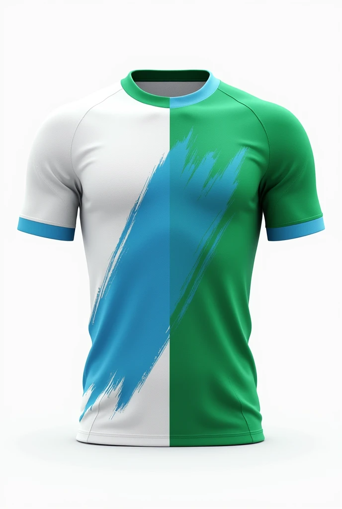 Football shirt with a stripe that looks like it was painted with a light blue brush, white and green with white background 