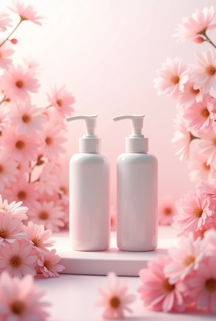 pink floral background with two cleanser bottles