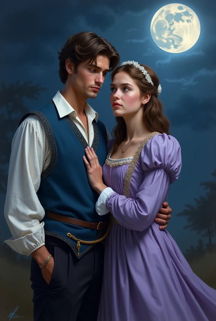 Epiphany Night by William Shekspear, a woman and a man brothers in medieval clothing, The boy is wearing a blue vest, under this a white shirt and black pants and the girl is wearing a light purple dress., the man without beard and mustache