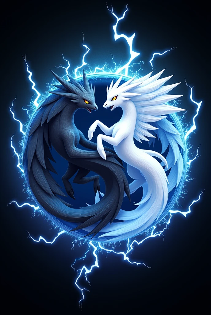 make me a logo for a pokemon card store with the legendary zekrom and reshiram 