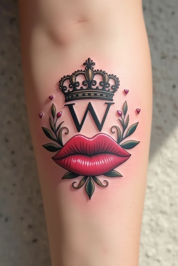 Create a delicate tattoo that combines a crown, with a W and some lips I hope the crown is a princess and the lips are in the shape of a lipstick kiss as part of the crown