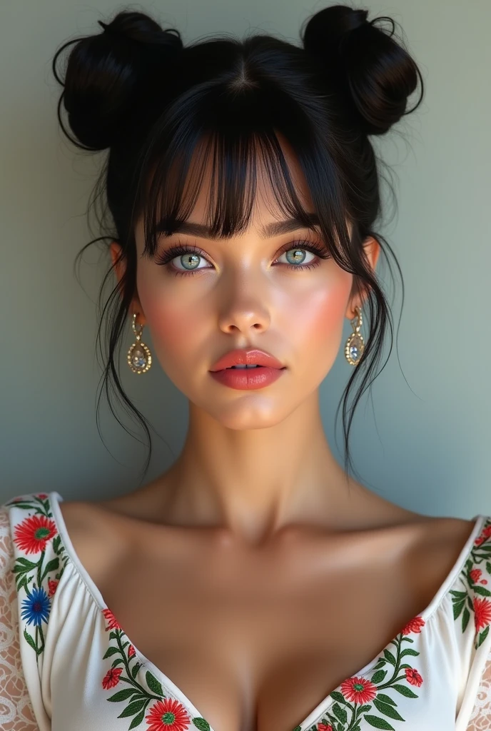 Mexican A beautiful pale-skinned Latina , eyes blue, full body, perfect body, two buns, straight bangs, (best quality,4k,8k,highres,masterpiece:1.2),ultra-detailed,(realistic,photorealistic,photo-realistic:1.37),HDR,UHD,studio lighting,ultra-fine painting,sharp focus,physically-based rendering,extreme detail description,professional,vivid colors,bokeh,portraiture,glamour,sensual,alluring,wear mexi, in style of Retna, full body
