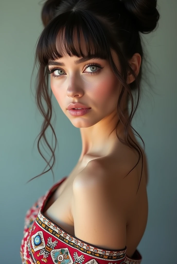 Mexican A beautiful pale-skinned Latina , eyes blue, full body, perfect body, two buns, straight bangs, (best quality,4k,8k,highres,masterpiece:1.2),ultra-detailed,(realistic,photorealistic,photo-realistic:1.37),HDR,UHD,studio lighting,ultra-fine painting,sharp focus,physically-based rendering,extreme detail description,professional,vivid colors,bokeh,portraiture,glamour,sensual,alluring,wear mexi, in style of Retna, full body
