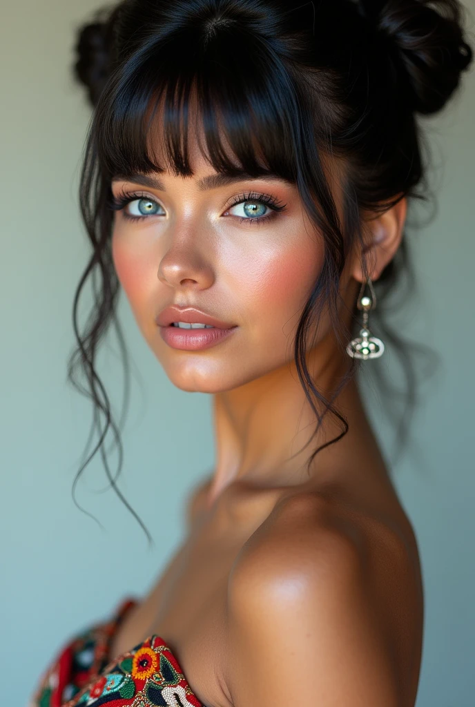 Mexican A beautiful pale-skinned Latina , eyes blue, full body, perfect body, two buns, straight bangs, (best quality,4k,8k,highres,masterpiece:1.2),ultra-detailed,(realistic,photorealistic,photo-realistic:1.37),HDR,UHD,studio lighting,ultra-fine painting,sharp focus,physically-based rendering,extreme detail description,professional,vivid colors,bokeh,portraiture,glamour,sensual,alluring,wear mexi, in style of Retna, full body