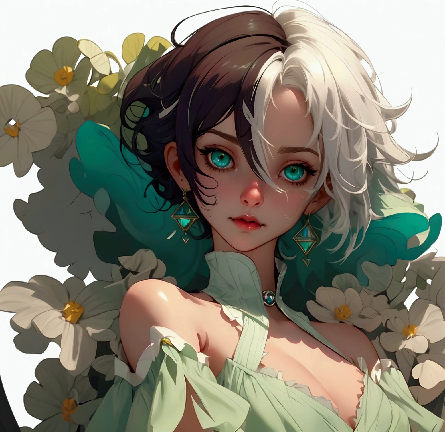 envision a 8k, highres, cinematic, beautiful close up portrait of a short girl named Cecilia Immergreen with multicolored hair, green eyes, doll joints, joints, bare shoulders, detached sleeves, hair between eyes, white hair, dressagainst a dark background