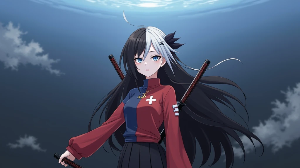 Spawns a white girl with white eyes and hair on the left side and black eyes and hair on the right side in the style of Kimetsu no Yaiba., Her hair reaches down to her ankles, with dark blue male demon slayer uniform fully covered, chest covered in bandages, two nichirin katanas on the back, imagem de fully body, rin tohsaka, Masterpiece artwork, 8k, high qualiy, fully body, small medium thighs, Waist slender, sexy and well defined body, rin, blue colored eyes, chestnut hair, long hair, two sides up, distributed strip, black hair ribbon, red sweater , high collar, long sleeves, cross print, Black Skirt, pleatedskirt, miniskirt, black pantyhose,