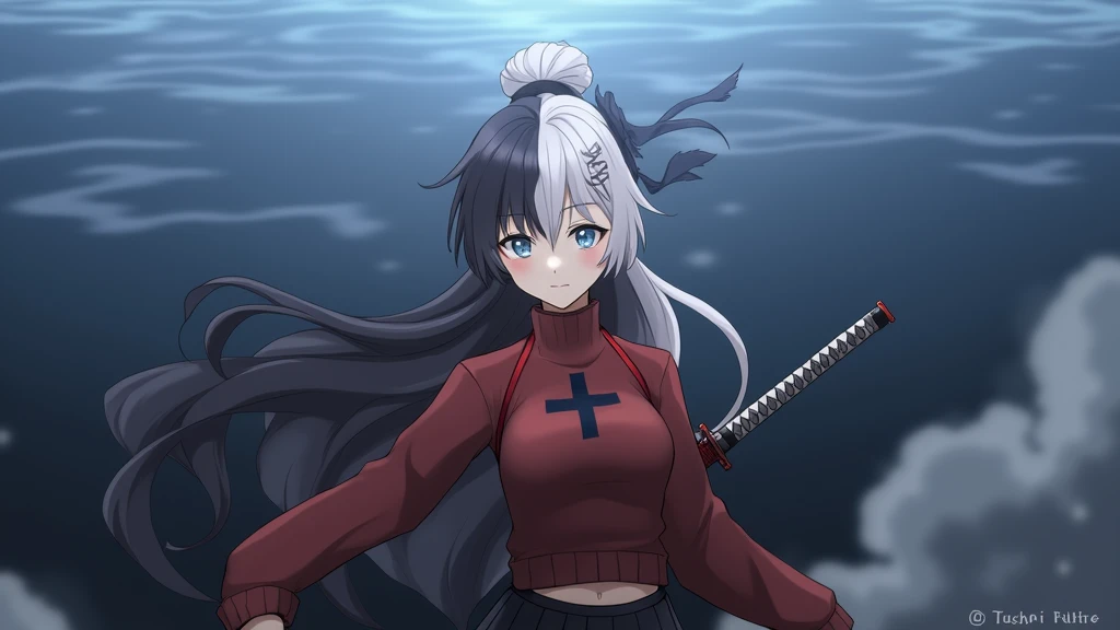 Spawns a white girl with white eyes and hair on the left side and black eyes and hair on the right side in the style of Kimetsu no Yaiba., Her hair reaches down to her ankles, with dark blue male demon slayer uniform fully covered, chest covered in bandages, two nichirin katanas on the back, imagem de fully body, rin tohsaka, Masterpiece artwork, 8k, high qualiy, fully body, small medium thighs, Waist slender, sexy and well defined body, rin, blue colored eyes, chestnut hair, long hair, two sides up, distributed strip, black hair ribbon, red sweater , high collar, long sleeves, cross print, Black Skirt, pleatedskirt, miniskirt, black pantyhose,