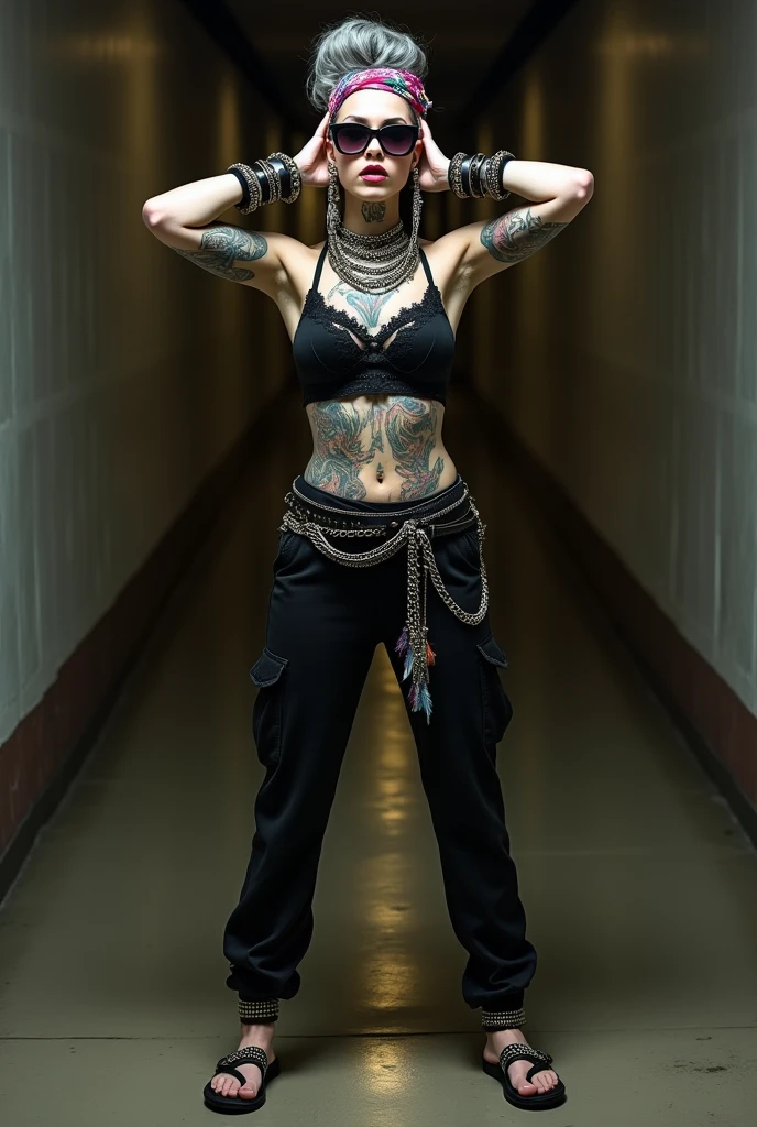 russian milf woman,  grey hair (bouffant, top bun) and oversized square sunglasses and wide  colourful bandana as headband, with very light green eyes, extremely pale. Big lips.  Black lace push up bra, silicone breast,, black yoga pants Flip flops. Lots of thick wide studded bracelets, chain collars and big rings,. Additional crossed loose belts,. Long earrings with chains and feathers. Standing with legs apart,  hands on her hips, stretching her neck and looking up in surprise craving., Neck, chest, stomach and wrists heavily tattoed. Toned abdominals, thin neck, slim legs and thin arms. Narrow hips. At a long narrow corridor at night. 