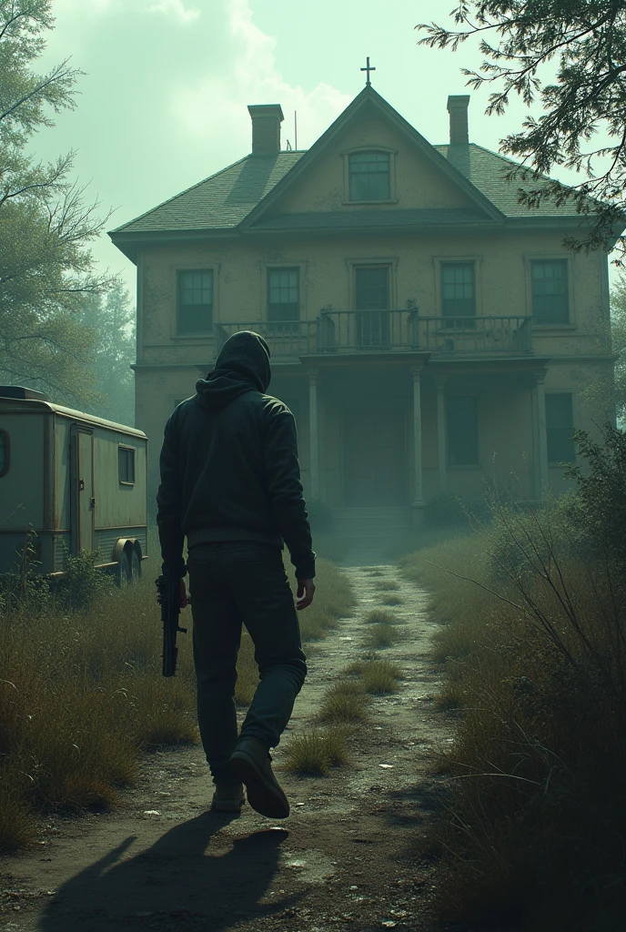 Outside an abandoned mansion, first person perspective with only one arm holding a gun, old garden, I get into a trailer with a radio