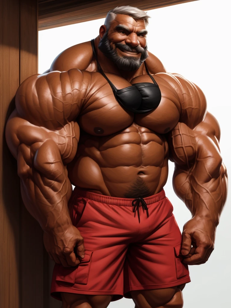 1boy, 1man, solo, gigantic, hyper detailed, (topless, shirtless, shorts cargo), well-muscled old man, bearded. ((extremely huge muscular, massive muscular, extremely muscle size, super thick arms, huge pec, hyper pec, bigger chest, extremely wide pectoral , huge arms)), wide smiling. Add textures and details to make the image more realistic, such as the appearance of the. Make sure the resulting image is high resolution, 8K quality