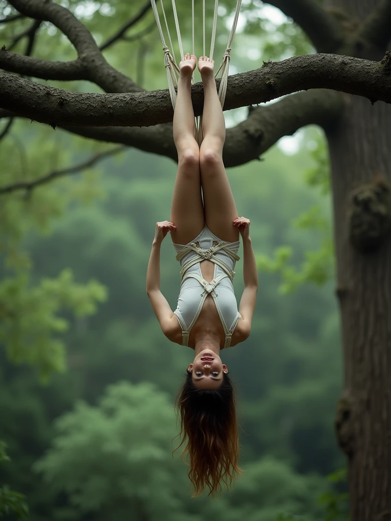 The image shows a woman in a white bodysuit with straps and a rope harness hanging from a tree. She is hanging upside down from the rope.