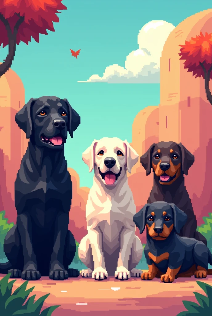 I want you to put 1 black Labrador,1 white Labrador,1 dark chocolate Labrador 1 black tan dachshund 1 grey dachshund And make them look like a Pixart movie Now put one of those two black ones in White,and black white