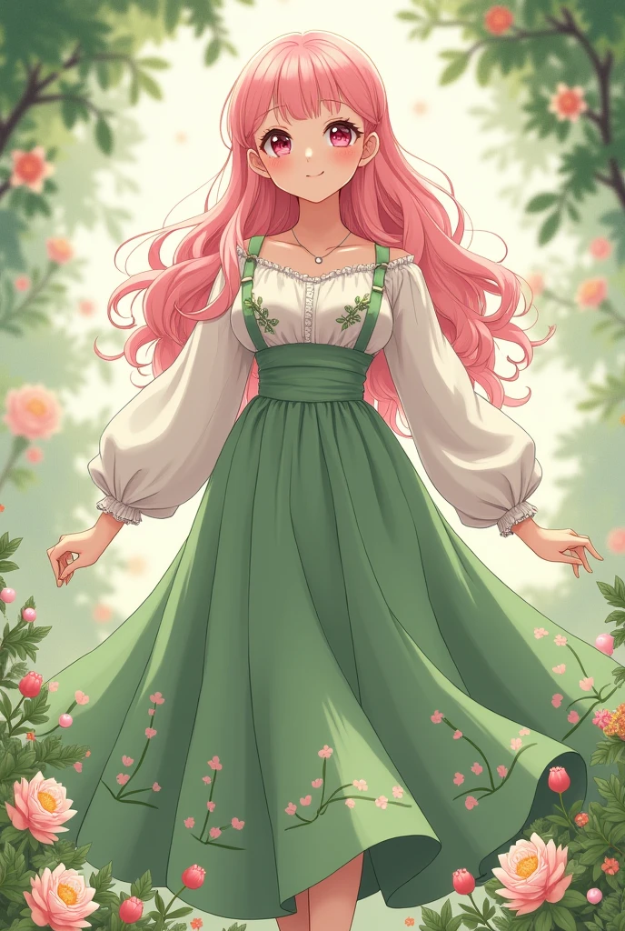 an anime girl with a more chubbier body, a very pale slin and bright pink eyes. she has long, light pink very curly hair and wears a long green dress. the top shirt part of the dress is white with long sleeves, while the bottom skirt is long and in a green color with a lot of details de resemble nature.