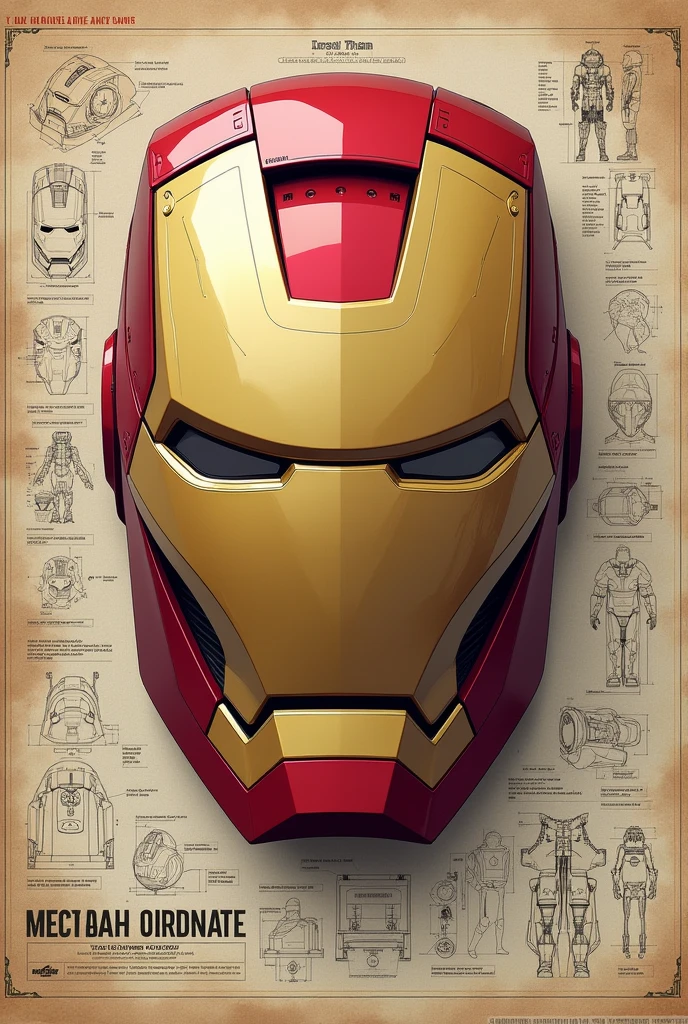 Chat create a 2d image with parts and fittings to create an Iron Man helmet from the movie, make the templates where I should cut