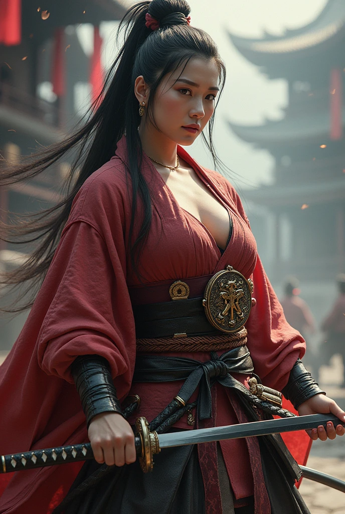 Lady Shogun, heavy muscles with katana, broader shoulders, muscular arms , extremamente musculoso, super heavy and extreme muscles. Korean lady, female, extremely pretty, super sexy, aged 50, Samurai Pearls