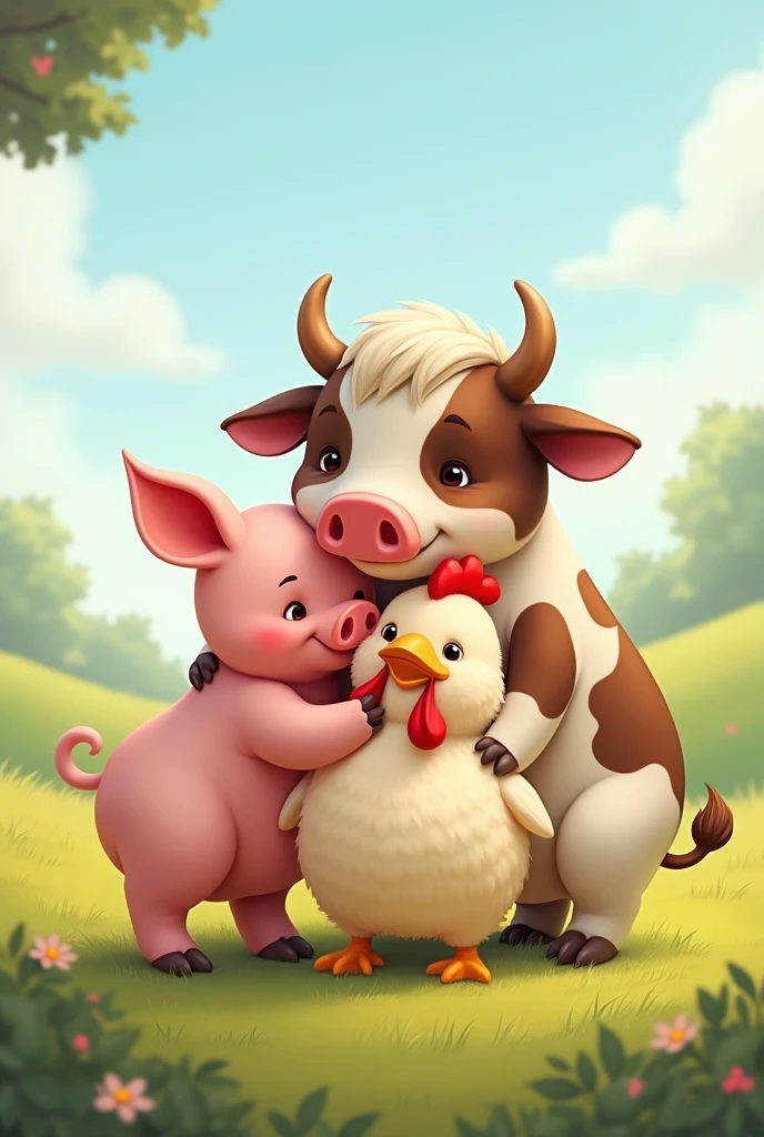 IMAGE OF A PIG, cow, CHICKEN hugging