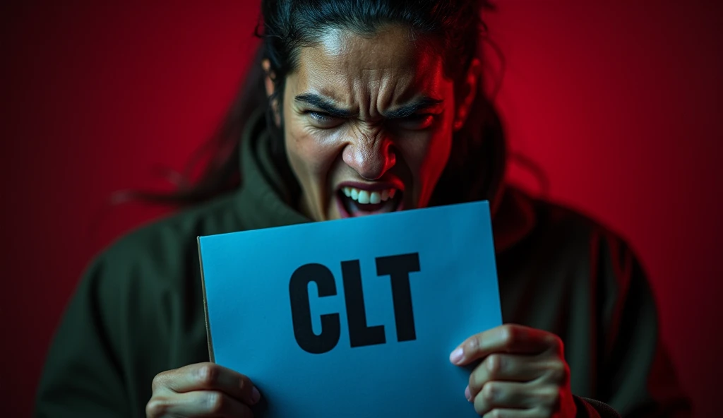 Create a YouTube thumbnail in 16:9 proportion featuring a person holding the Brazilian CLT (Carteira de Trabalho) with an expression of intense anger. The person should be gripping the CLT tightly, with visible frustration on their face. The background should be dark and intense, with red and black tones to emphasize the emotion. The CLT document should be clearly recognizable, with the iconic blue color standing out. Add a sense of urgency with bold, dramatic text at the bottom in large, white letters