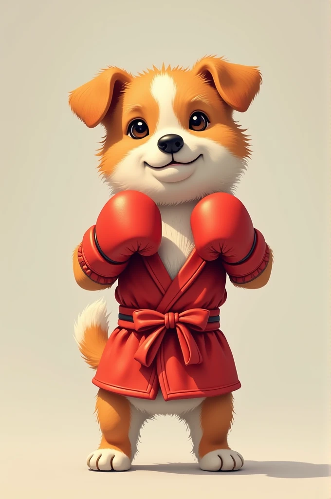 A dog with short gloves and a boxing robe