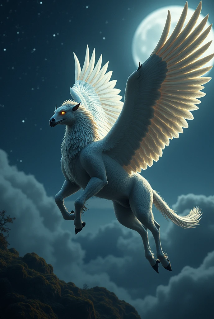 Realistic Hippogriff Flying at Night
