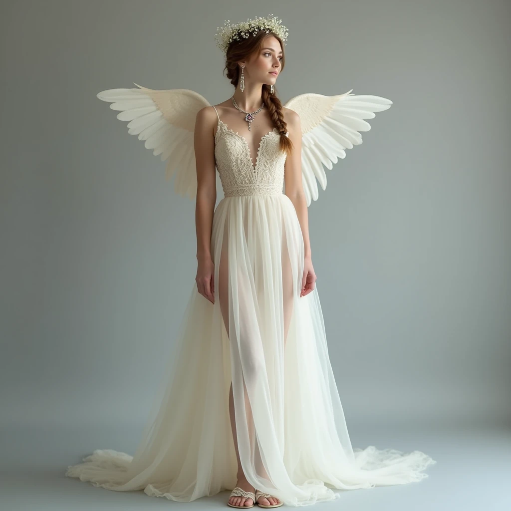 A full-body image of a European woman with an angelic essence, standing poised against a gray background. She wears an ivory organza gown with a soft, flowing skirt and delicate lace detailing on the bodice. The gown’s translucent fabric creates a sense of airiness and sophistication. Her hair is styled in a halo braid adorned with small white flowers, forming a crown-like effect that radiates divine majesty. She wears gossamer slippers with lace embellishments. Her jewelry includes ethereal symbol earrings and a gemstone necklace, adding a mystical and otherworldly allure to her angelic attire.